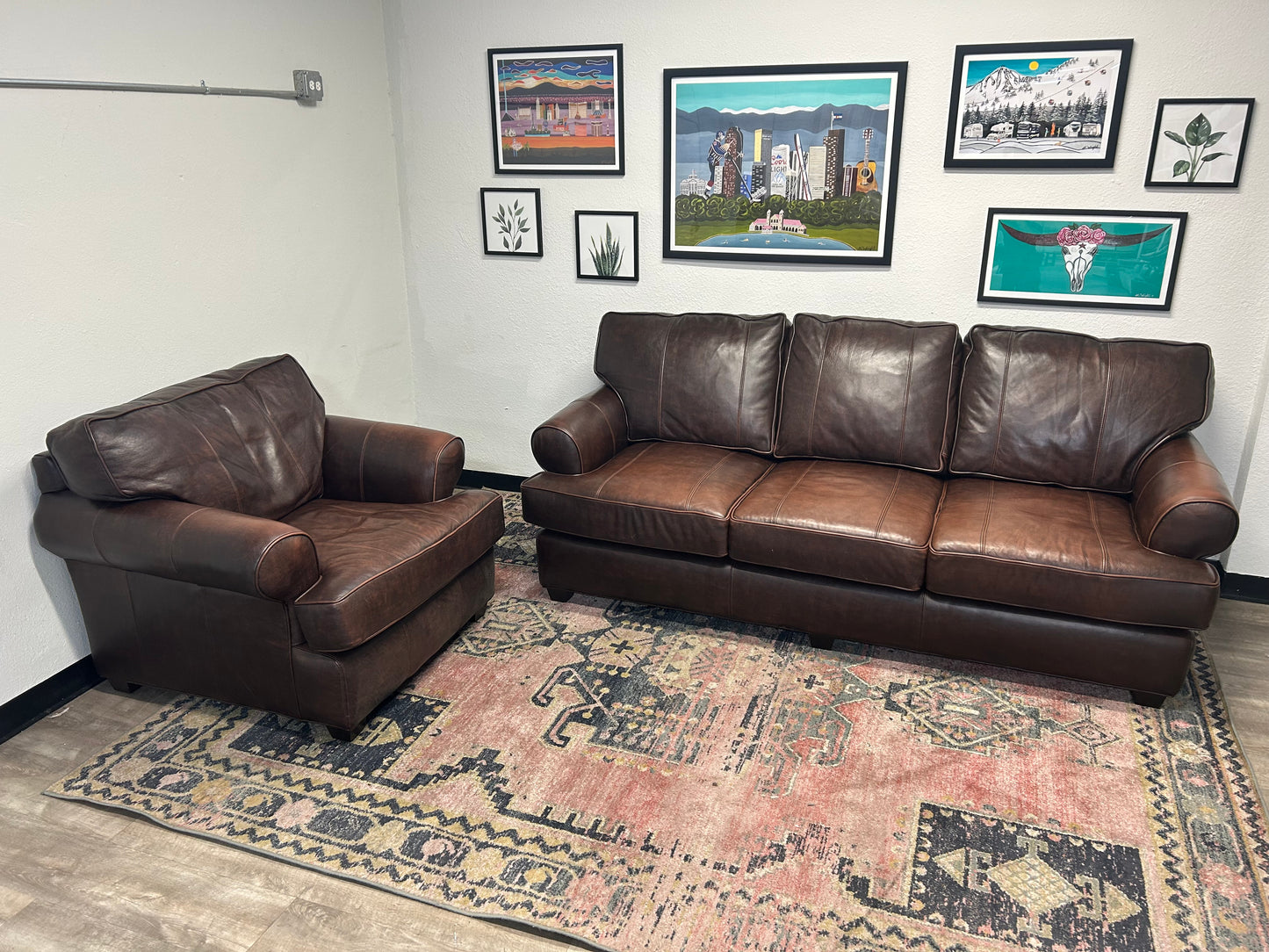 Arhaus Brown Leather Hadley Sofa & Chair Set