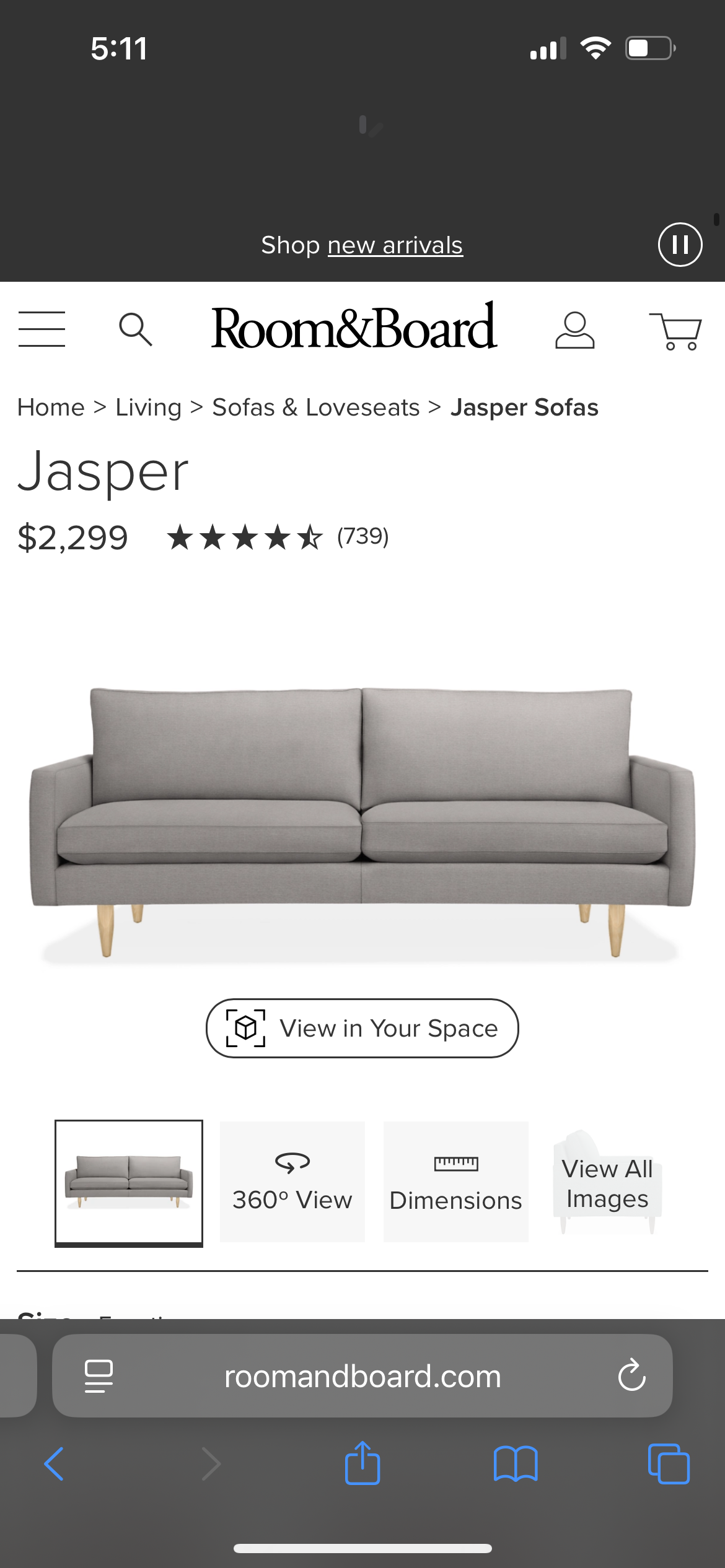 Room & Board Gray 96” Jasper Sofa