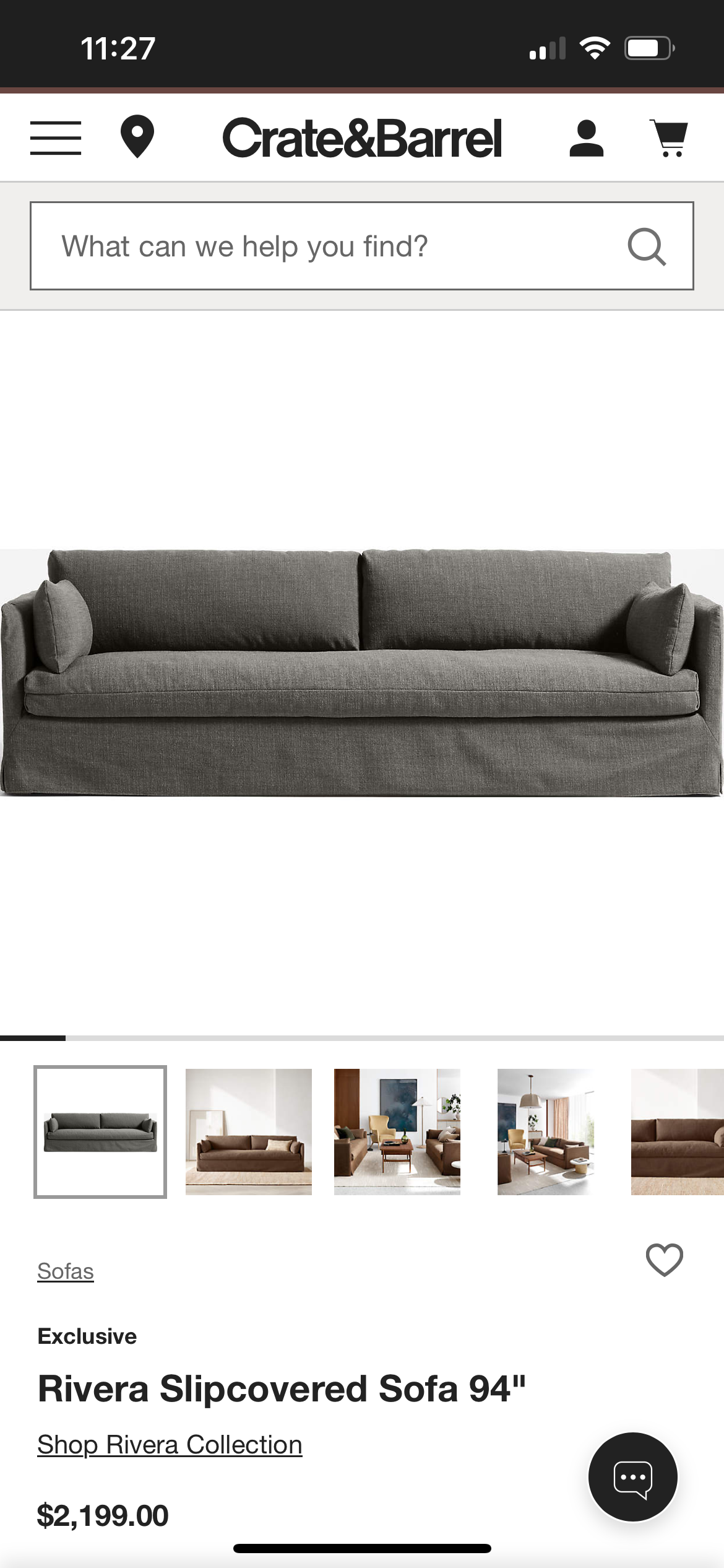 Crate & Barrel Charcoal Gray 94” Rivera Sofa
