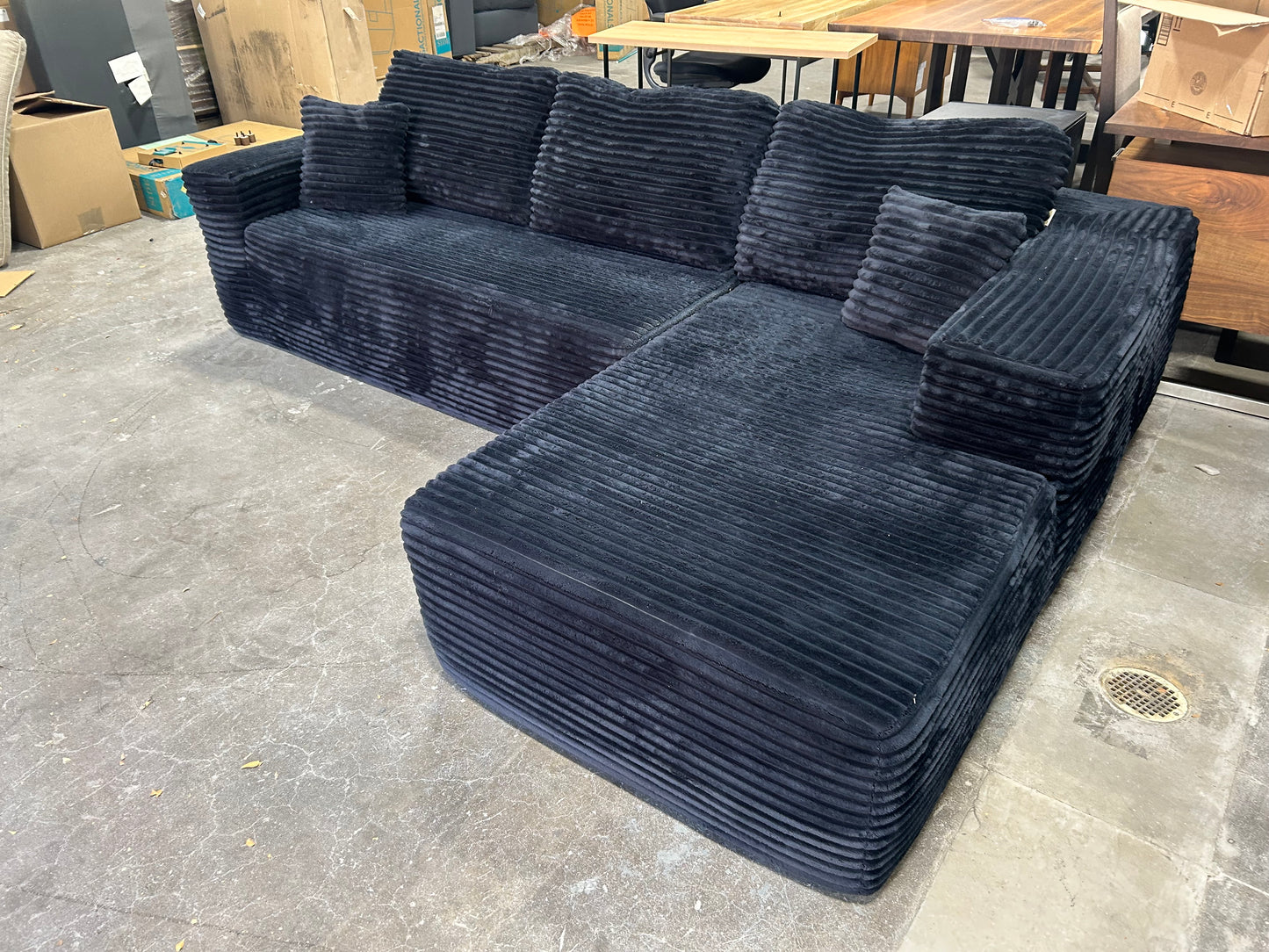 Obsidian Black Velvet Corduroy Chaise Sectional