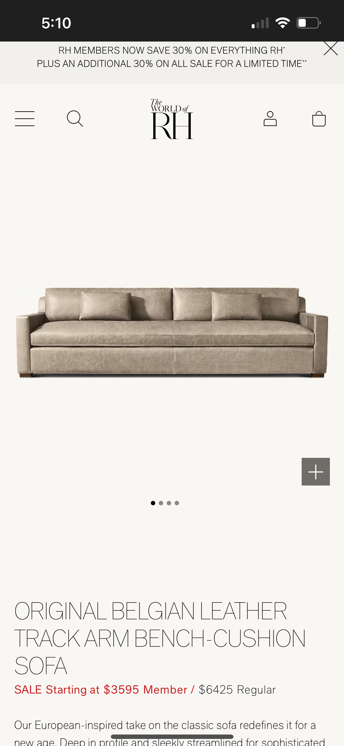 Restoration Hardware Gray Leather Belgian Track Arm Sofa