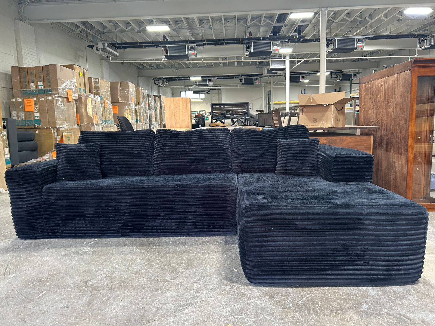Obsidian Black Velvet Corduroy Chaise Sectional