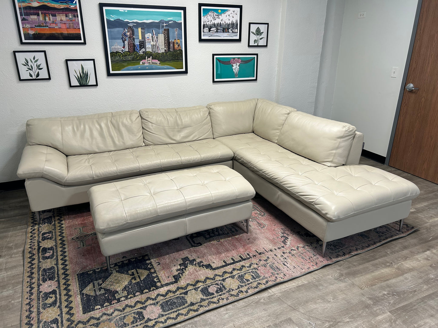 Chateau d’Ax Sky Grey Leather Corsica Sectional With Ottoman