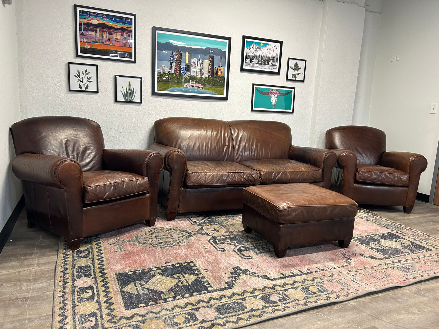 3-Pc Crate & Barrel Brown Leather Sofa And Chair Set