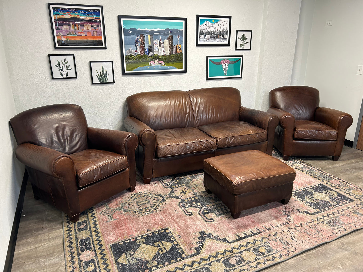 3-Pc Crate & Barrel Brown Leather Sofa And Chair Set