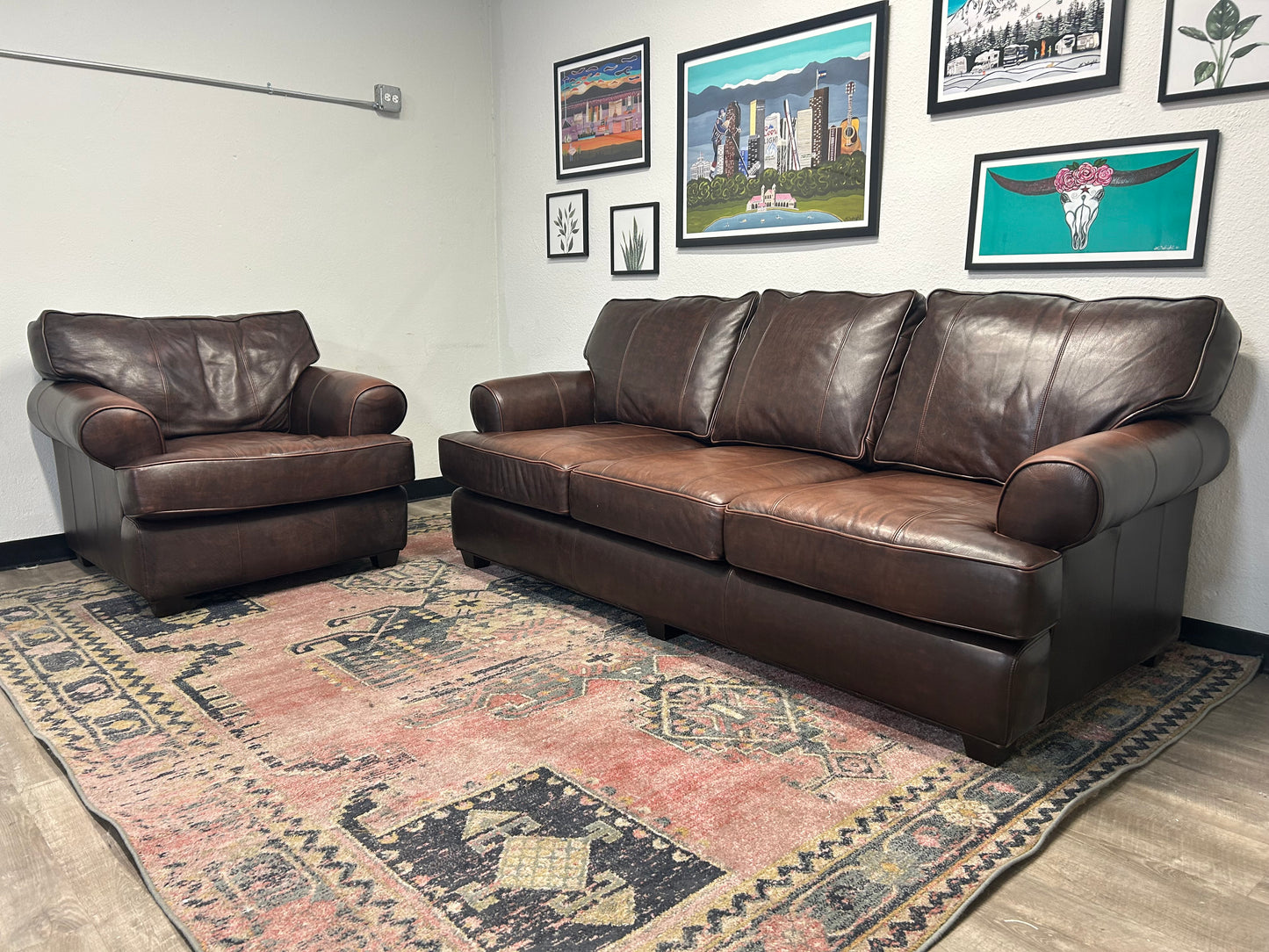 Arhaus Brown Leather Hadley Sofa & Chair Set