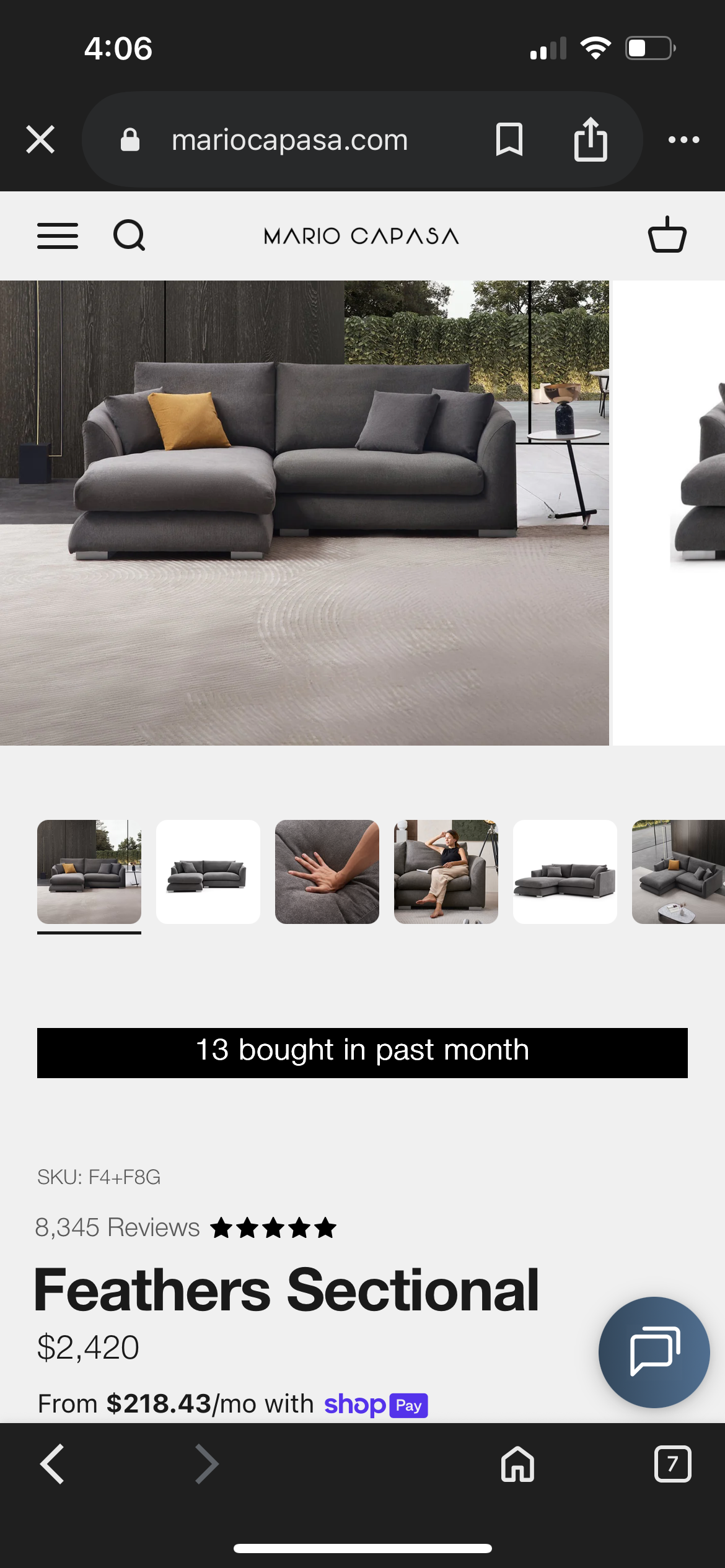 Mario Capasa Gray Feathers Collection Chaise Sectional