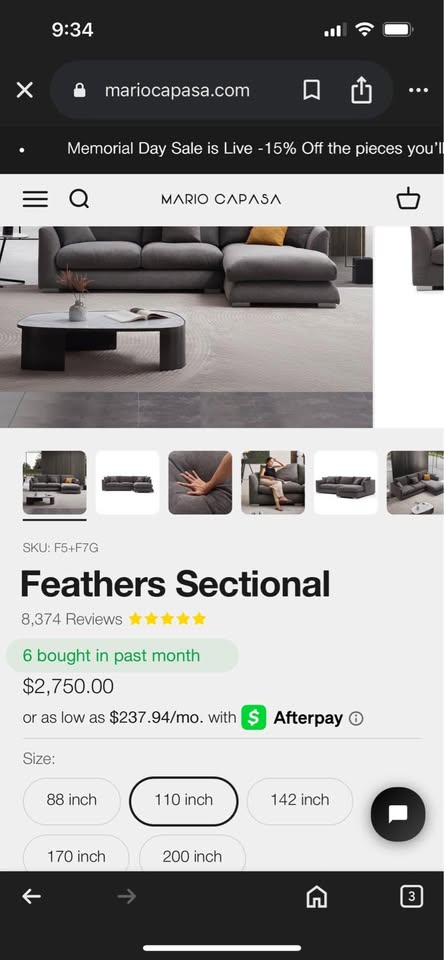 Gray Valyou Mario Capasa Feathers Collection Sectional