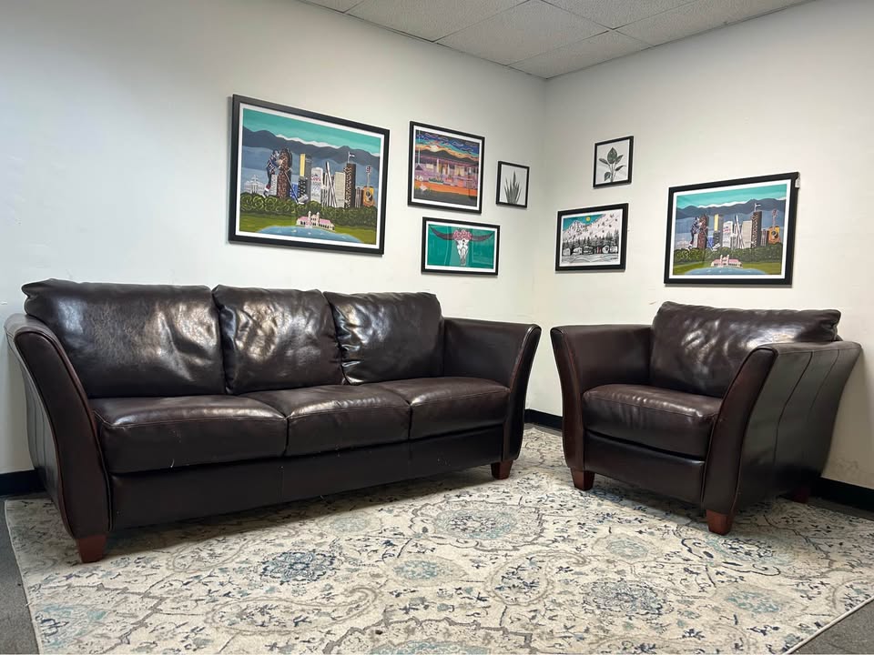 Contemporary Cognac Leather Sofa And Chair Set