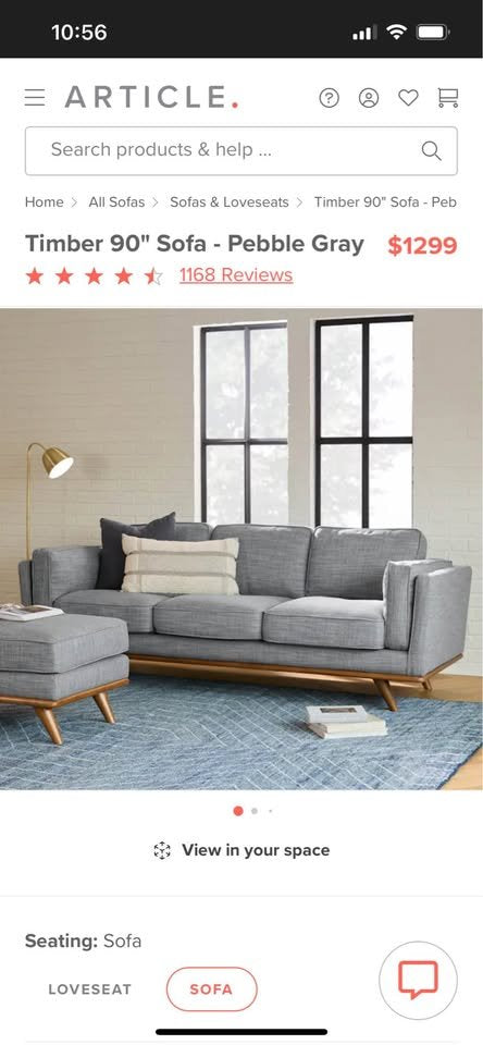 Article Pebble Gray 90” MCM Timber Sofa