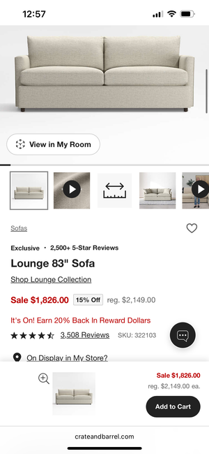 Crate & Barrel 83'' Lounge Sofa w/Storage Ottoman (Beige)