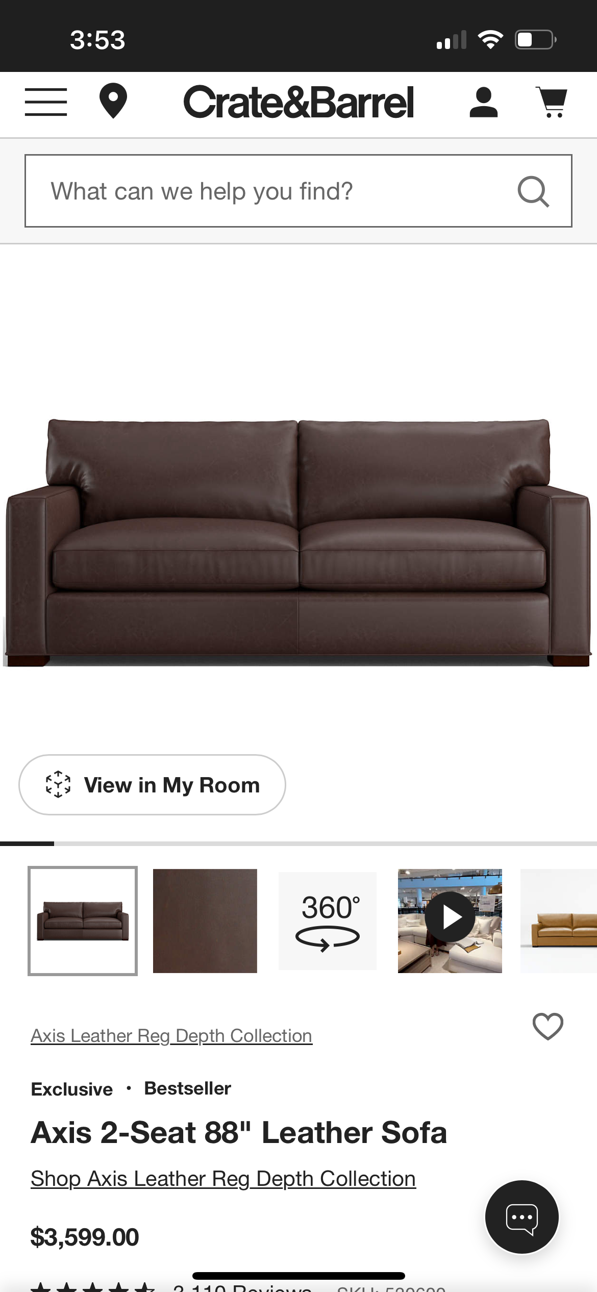 Crate & Barrel 88” Dark Brown Leather Axis Sofa