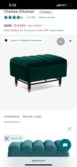 Joybird Chelsea Sofa w/Ottoman (Prime Peacock)