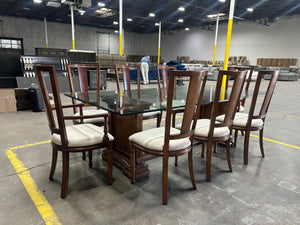 9-Pc Glass Dining Table & Maple Wood Chair Set