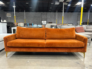 SofaCompany Burnt Orange Velvet MCM Sofa