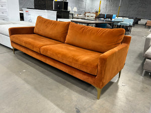 SofaCompany Burnt Orange Velvet MCM Sofa