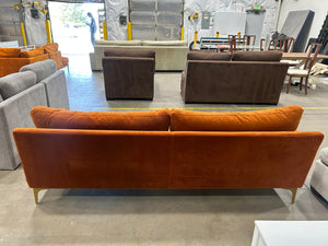 SofaCompany Burnt Orange Velvet MCM Sofa