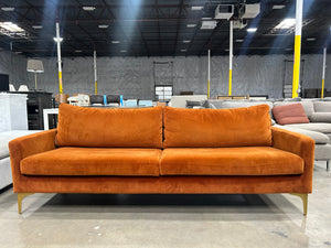 SofaCompany Burnt Orange Velvet MCM Sofa