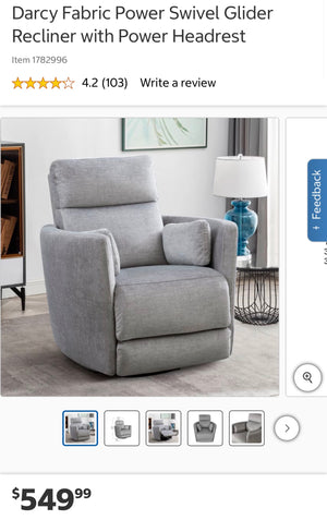 Darcy Fabric Power Swivel Glider Recliner with Power Headrest