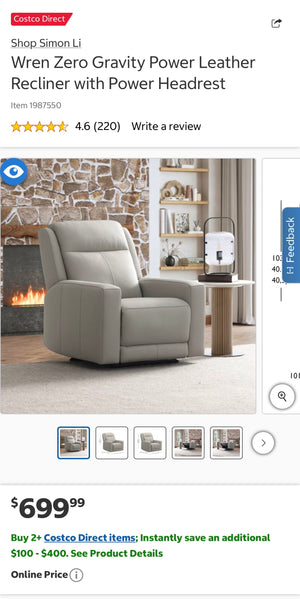 Wren Zero Gravity Power Leather Recliner with Power Headrest