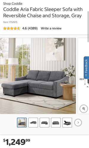 Coddle Aria Fabric Sleeper Sofa with Reversible Chaise and Storage