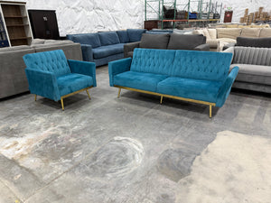 Blue MCM Velvet Sofa and Chair