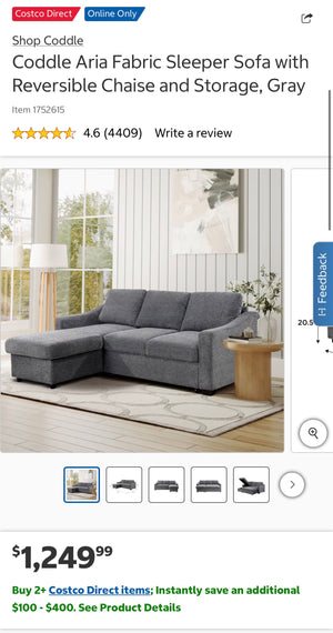 Coddle Aria Fabric Sleeper Sofa with Reversible Chaise and Storage
