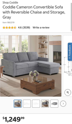 Coddle Cameron Convertible Sofa with Reversible Chaise and Storage, Gray