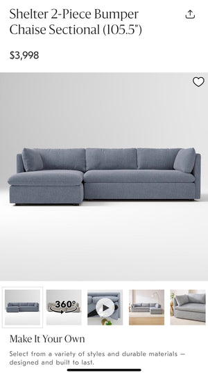 West Elm Shelter 2-Piece Bumper Chaise Sectional