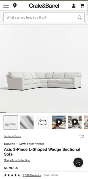 Crate and Barrel Axis 3-Piece L-Shaped Wedge Sectional Sofa