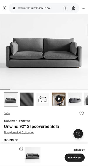 Crate and Barrel Unwind 92" Slipcovered Slipcover Sofa