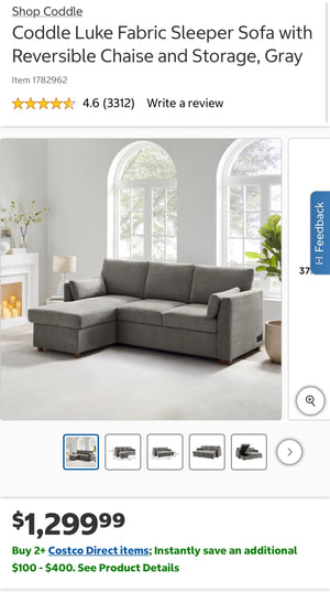 Coddle Luke Fabric Sleeper Sofa with Reversible Chaise and Storage