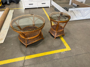 Wicker Wood Coffee Table Set with Glass Top