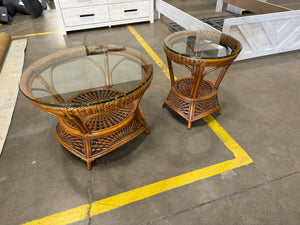 Wicker Wood Coffee Table Set with Glass Top