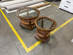 Wicker Wood Coffee Table Set with Glass Top