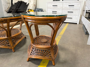 Wicker Wood Coffee Table Set with Glass Top