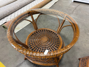 Wicker Wood Coffee Table Set with Glass Top