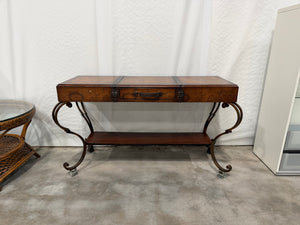 Vintage World Map Trunk-Style Console Table with Iron Scroll Legs