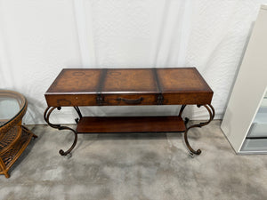 Vintage World Map Trunk-Style Console Table with Iron Scroll Legs