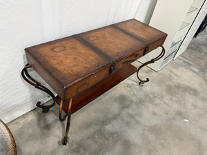 Vintage World Map Trunk-Style Console Table with Iron Scroll Legs