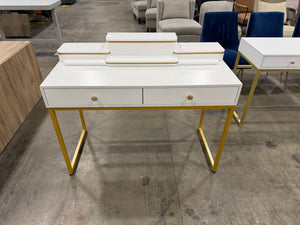 Modern White & Gold Vanity Desk with Drawers & Tiered Organizer