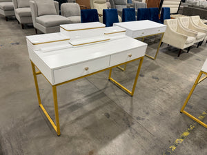 Modern White & Gold Vanity Desk with Drawers & Tiered Organizer