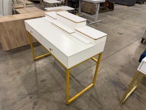 Modern White & Gold Vanity Desk with Drawers & Tiered Organizer
