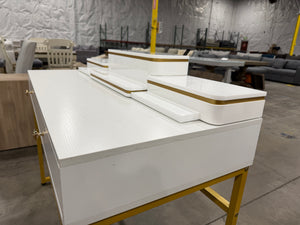 Modern White & Gold Vanity Desk with Drawers & Tiered Organizer