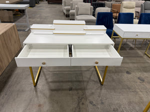 Modern White & Gold Vanity Desk with Drawers & Tiered Organizer