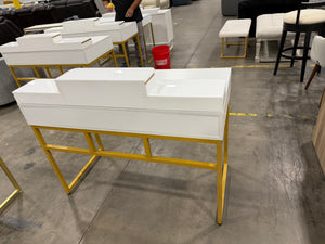 Modern White & Gold Vanity Desk with Drawers & Tiered Organizer