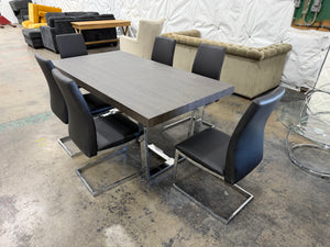 Modern Gray Dining Table Set with 6 Black Leather Chairs & Chrome Legs