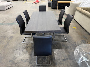 Modern Gray Dining Table Set with 6 Black Leather Chairs & Chrome Legs