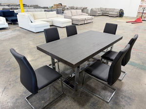 Modern Gray Dining Table Set with 6 Black Leather Chairs & Chrome Legs