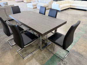 Modern Gray Dining Table Set with 6 Black Leather Chairs & Chrome Legs